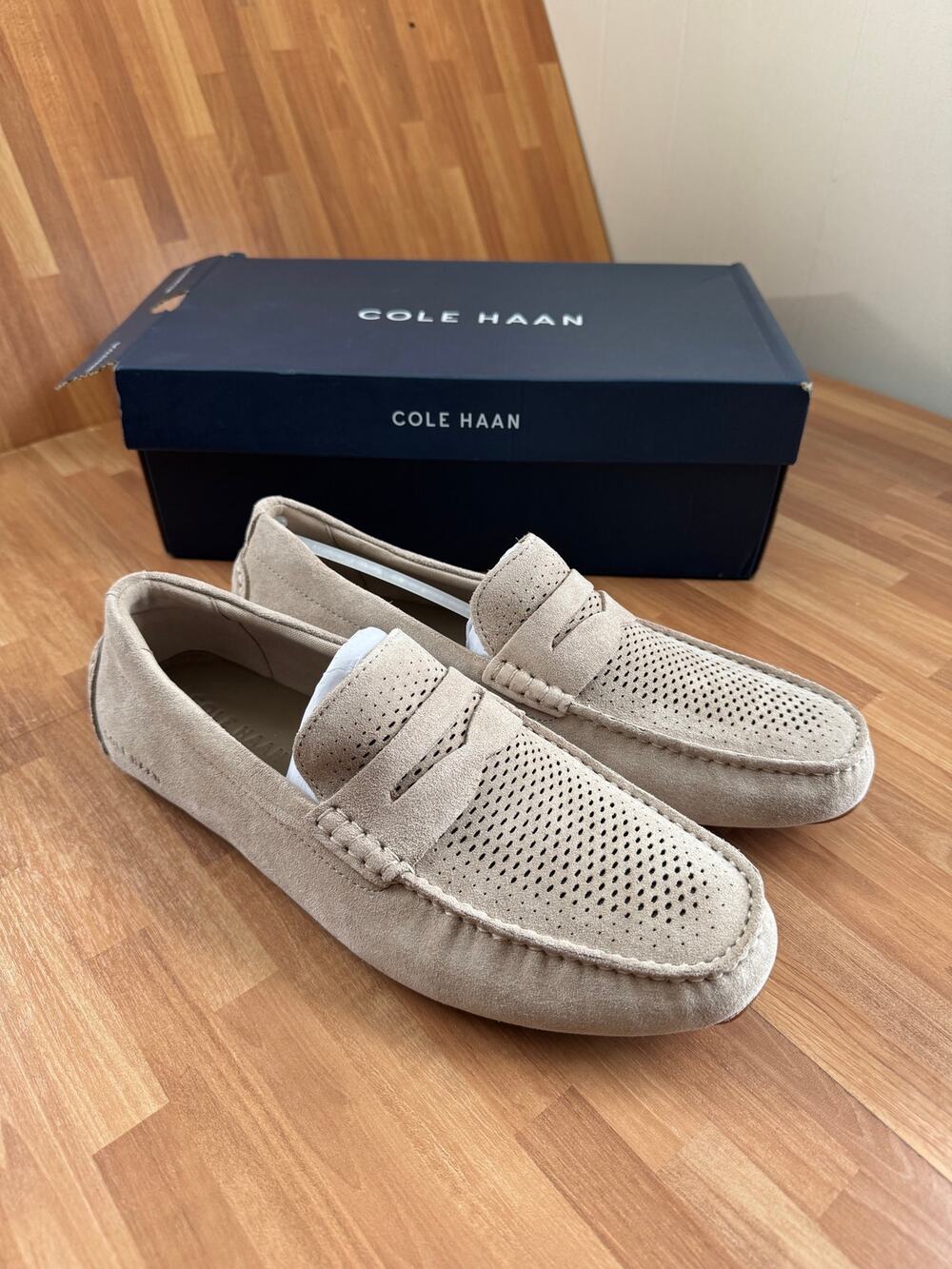 Cole Haan Men's Grand Laser Penny Driver Suede Loafers Sesame Size 10.5